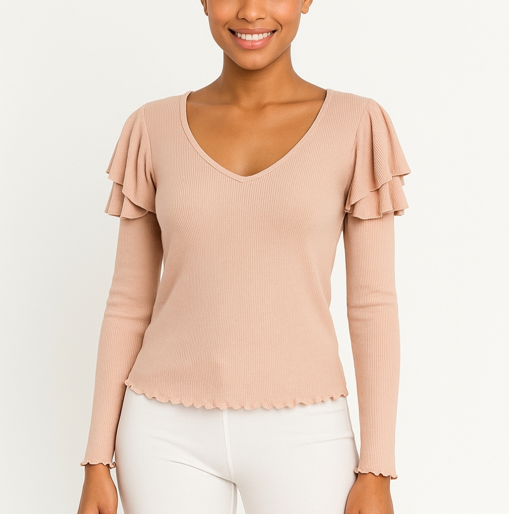 FP We The Free Sz XS Light Pink Round Neck Ruffle Shoulder Long Sleeve Casual T - Picture 1 of 8